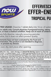 Now Foods Effer-Energy effervescent tablets label, Tropical Punch flavor, electrolytes for energy and recovery.